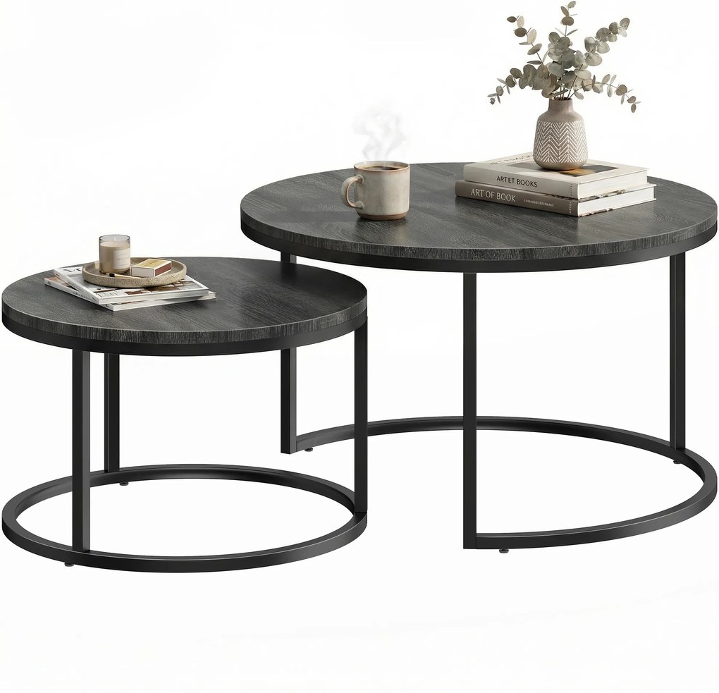 HOMCOM Set modern de 2 măsuțe de cafea, măsuțe laterale suprapuse cu cadru metalic pentru living, dormitor, birou, Negru | Aosom Romania