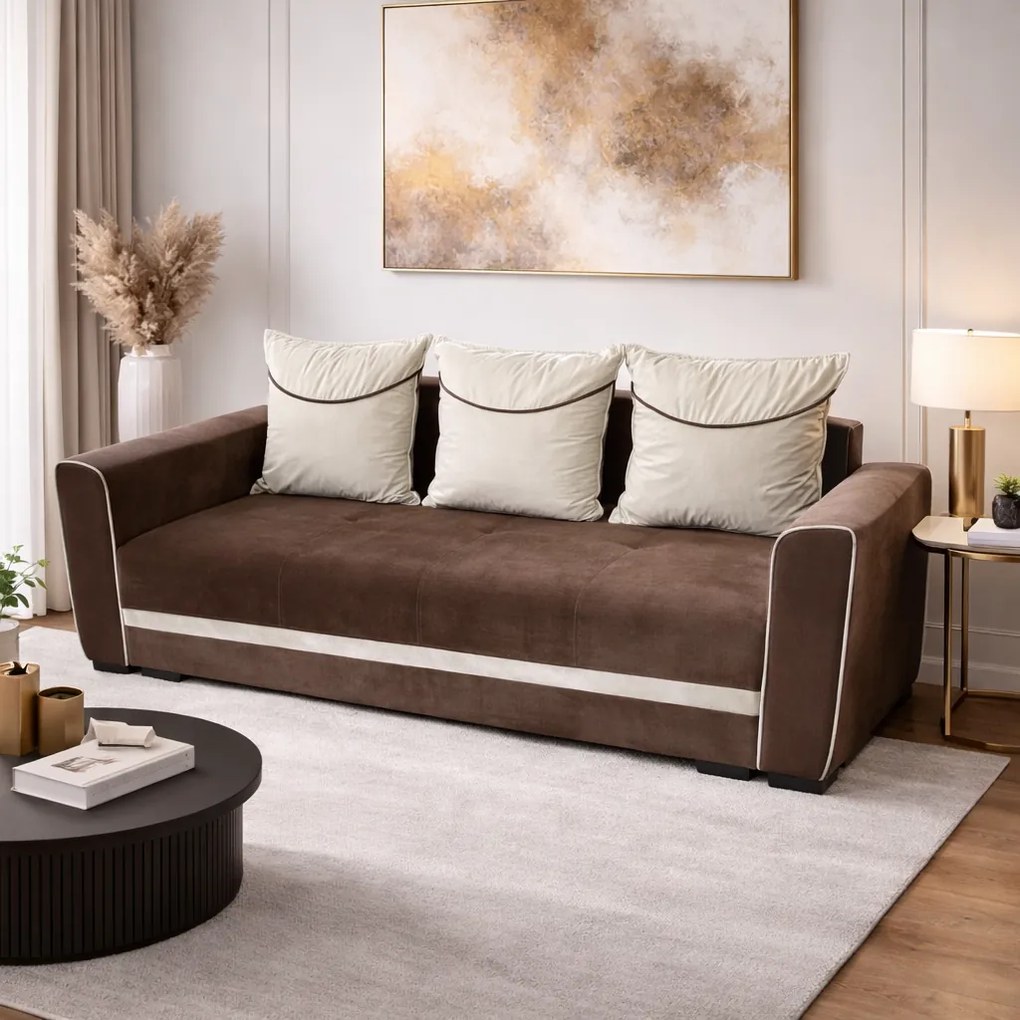 Canapea LILI extensibila, 3 locuri, cu lada de depozitare, catifea maro + crem , 220x95x80 Maro + Crem, Catifea