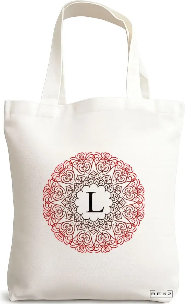 Sacosa de Panza pentru Cumparaturi, Geanta Tote, Cu litera L si Mandala, 38x34.5 cm, Alba, BEKZ®