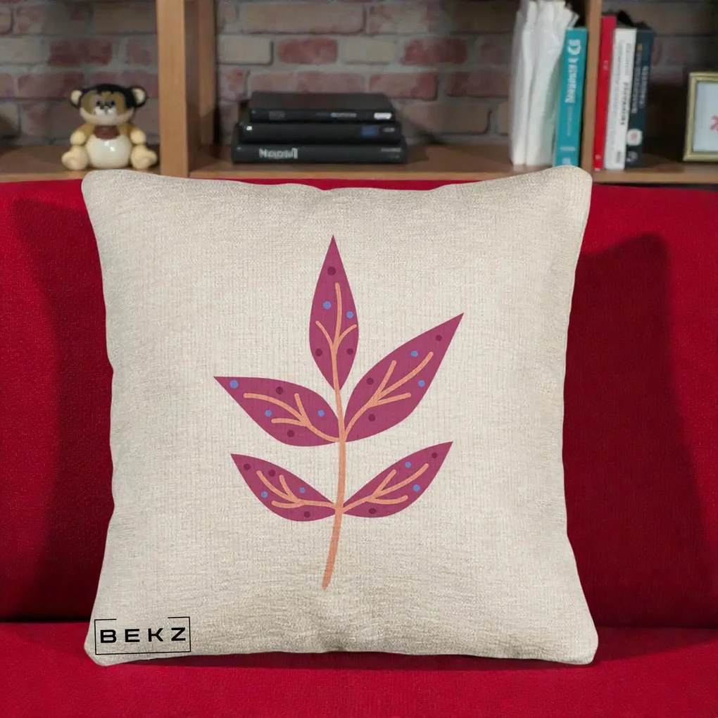 Perna Decorativa Ramura Botanica Mov, 40x40 cm, Bej Canapea, Husa Detasabila, Perna Inclusa, BEKZ®
