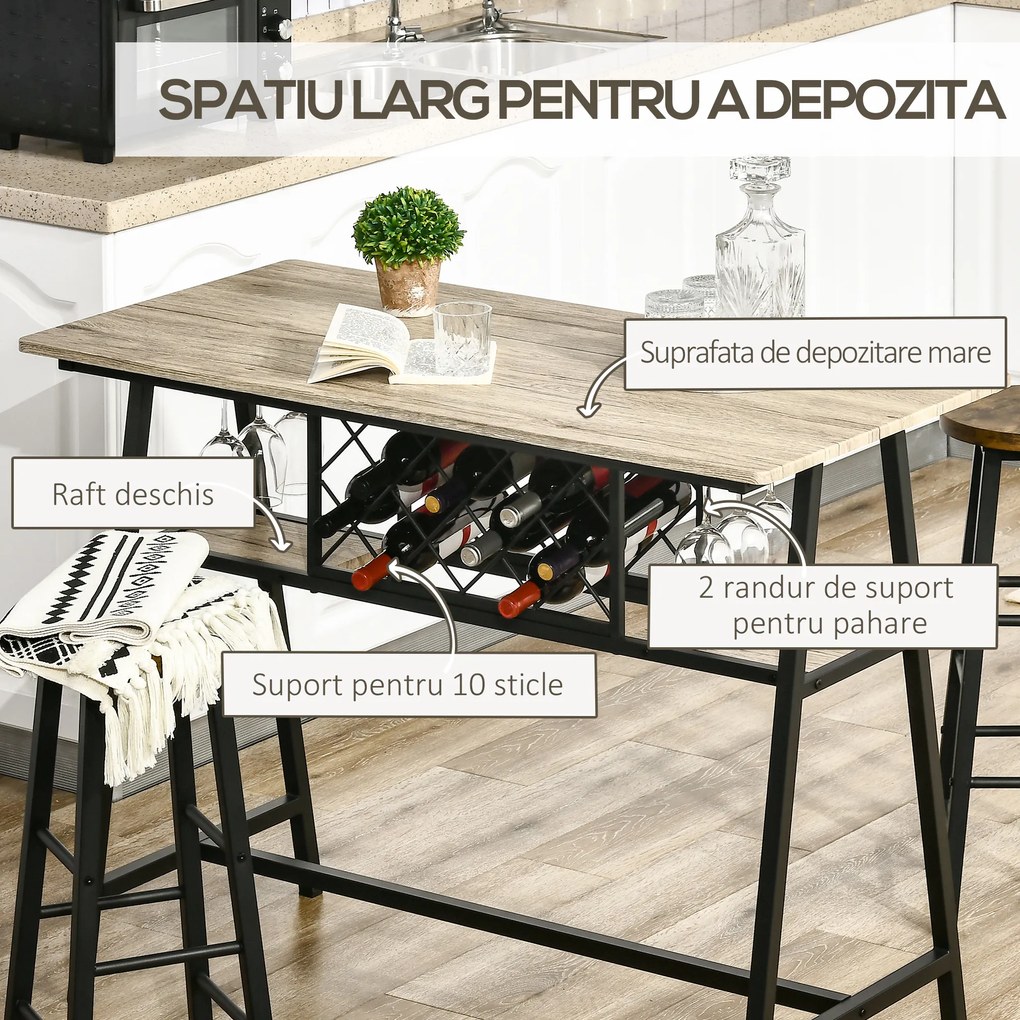 HOMCOM Masă de Bar pentru 10 Sticle, Design Modern din PAL și Oțel, Dimensiuni 120x60x91 cm, Negru și Lemn, Ideală pentru Bucătărie sau Living | Aosom Romania