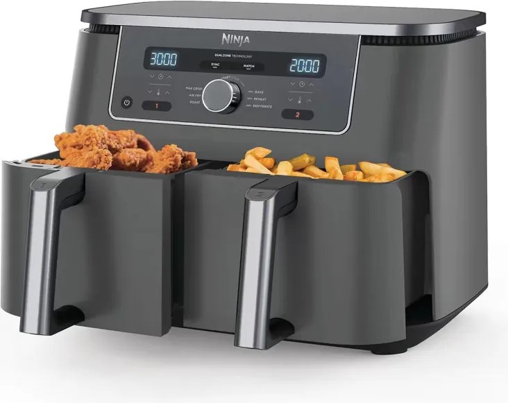 Friteuza dubla cu aer cald Ninja DZ400EU, 9.5 l, 6 programe, Timer, Zone independente, Gri