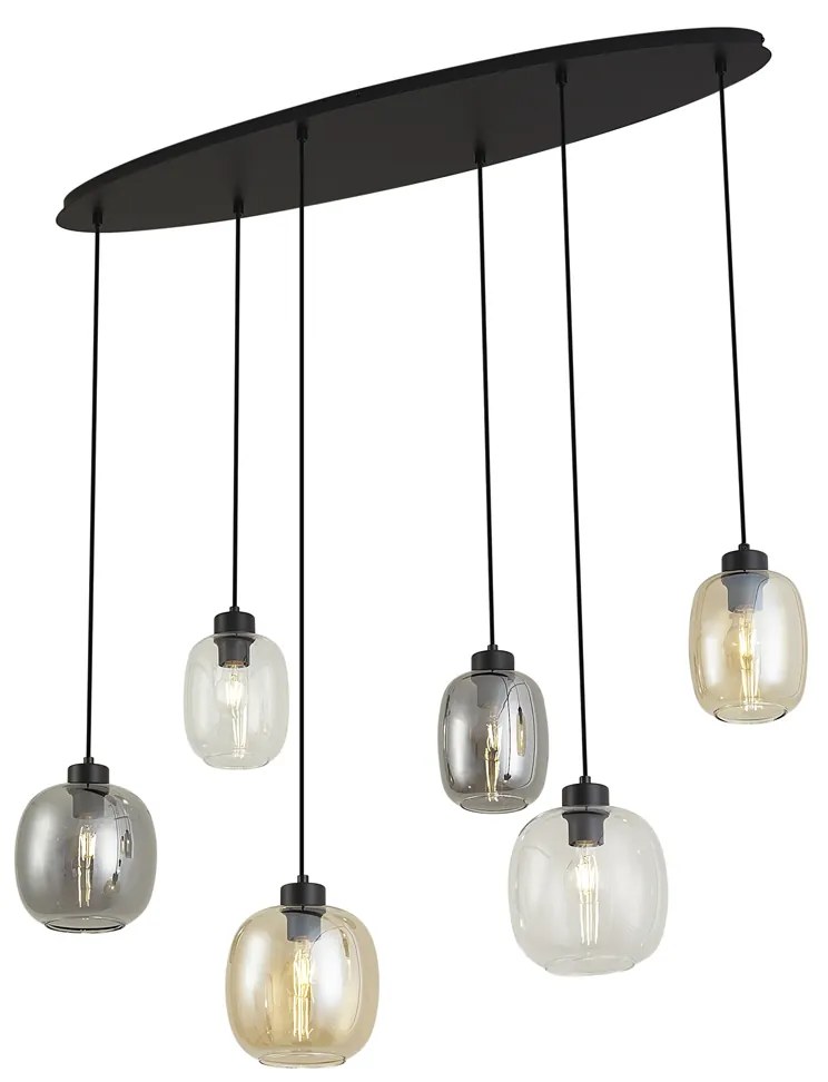 Lampă suspendată neagră cu sticlă chihlimbar, fumurie și transparentă cu 6 lumini - Elena