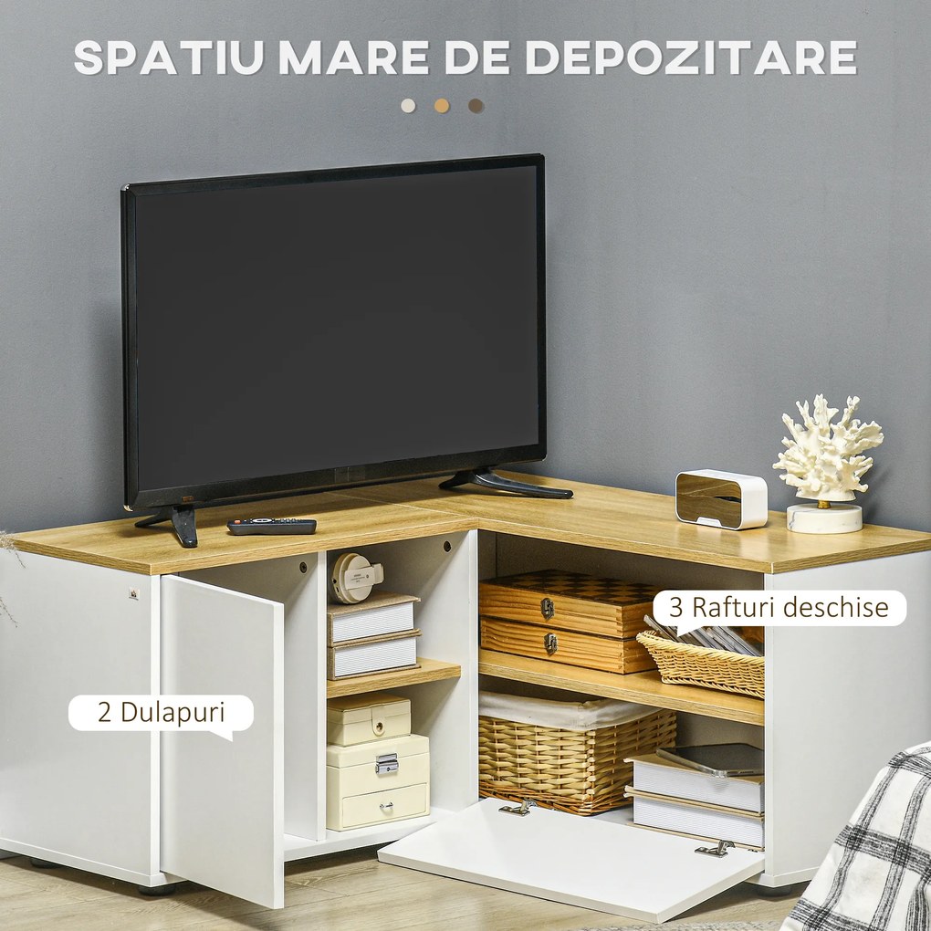Dulap TV în formă de L pentru televizor de 40" cu 3 rafturi deschise și 2 dulapuri, din PAL, 90x90x45 cm, stejar și alb HOMCOM | Aosom RO
