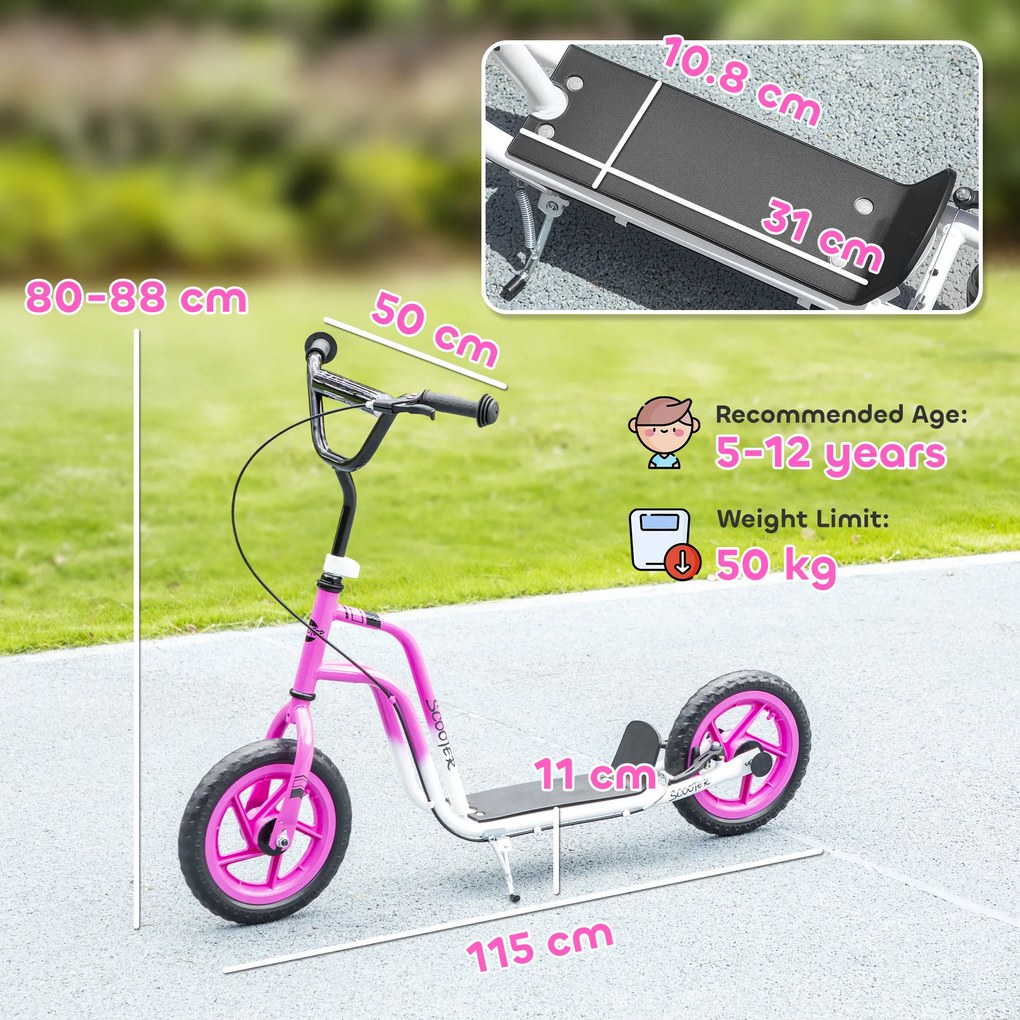 AIYAPLAY Trotinetă pentru copii cu ghidon reglabil, roți mari, suport de parcare, frână de mână, pentru copii cu vârsta 5-12 ani, roz | Aosom Romania