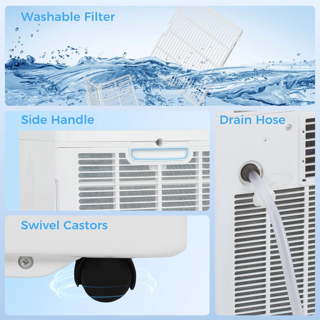 HOMCOM Aparat de aer condiționat portabil 9000 BTU 4-în-1 răcire dezumidificator ventilator mod somn pentru 33 m² Alb | Aosom Romania