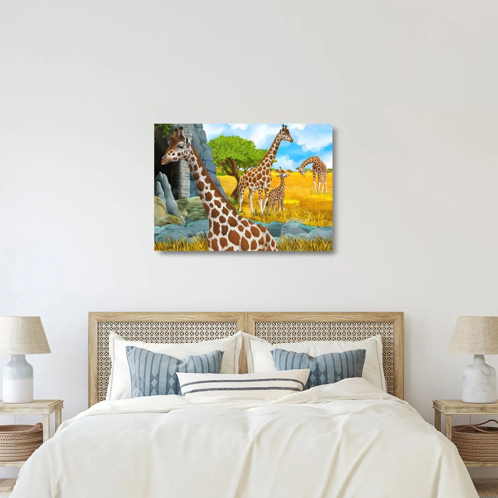 Tablou pe sticlă - Familia girafelor (70x50 cm)