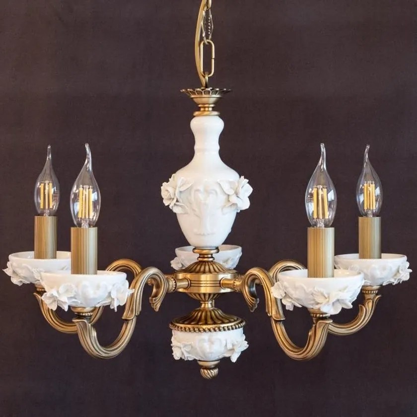 Lustra design italian cu 5 brate din alama si portelan alb 9952