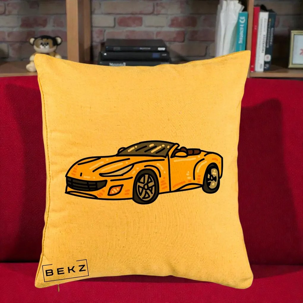 Perna Personalizata Masina Cabriolet Galbena Grafic, 40x40 cm, Galben, Husa Detasabila, Perna Inclusa, BEKZ®