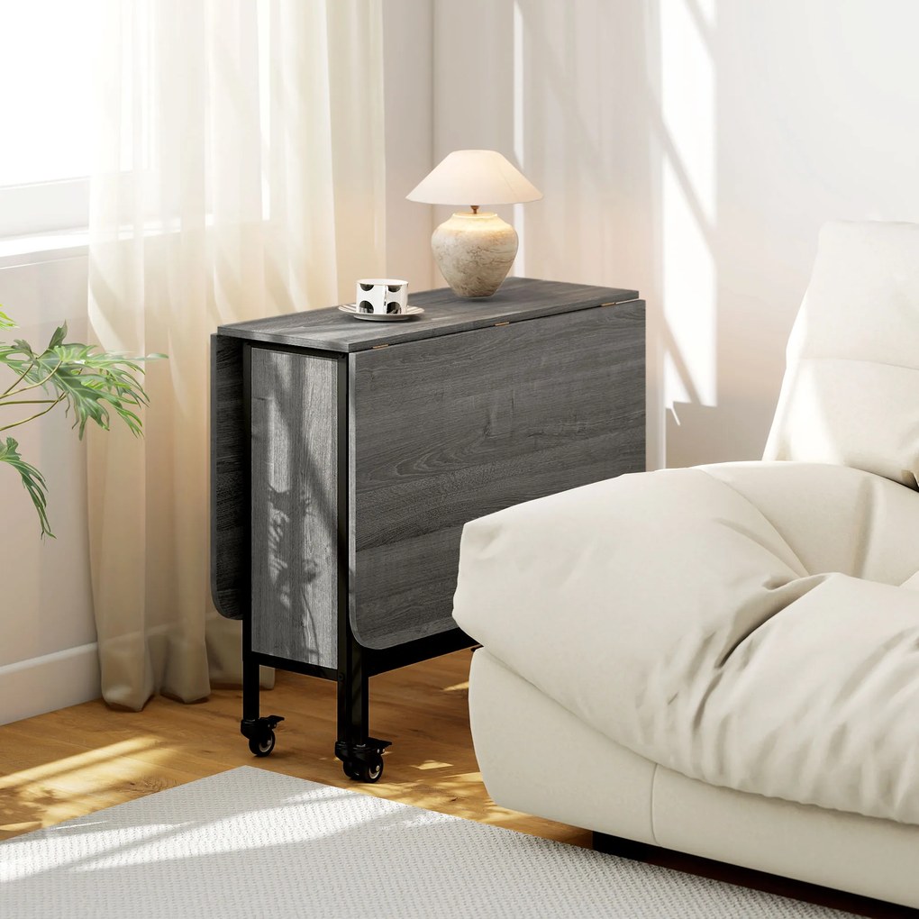 HOMCOM Masă Pliabilă, Rabatabilă pentru 4-6 Persoane cu Raft și 6 Roți, din Lemn și Metal, 130x80x74 cm, Gri | Aosom Romania