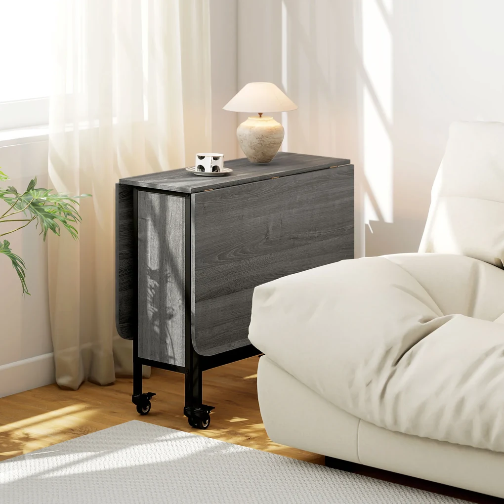 HOMCOM Masă Pliabilă, Rabatabilă pentru 4-6 Persoane cu Raft și 6 Roți, din Lemn și Metal, 130x80x74 cm, Gri | Aosom Romania