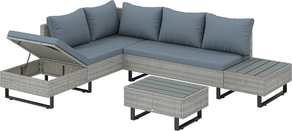 Outsunny Set Mobilier de Grădină 3 Piese din Ratan, Canapea Colțar în L cu Spătar Reglabil și Masă Imitatie Lemn, Gri | Aosom Romania