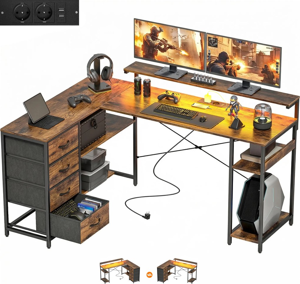 HOMCOM Birou de gaming în formă de L cu priză integrată, iluminare LED, 4 sertare, suport monitor 155x110x91,4 cm Maro | Aosom Romania