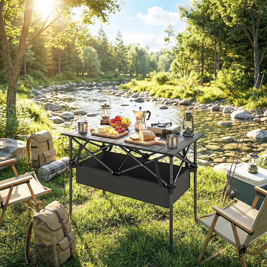 Masă de Picnic Pliabilă și Portabilă Outsunny cu Plasă de Depozitare și Geantă pentru Transport, pentru Camping și Exterior, Negru | Aosom Romania