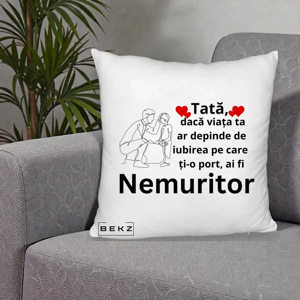 Cadou pentru Tata - Perna Personalizata Tata Nemuritor Baietel, 40x40 cm, Alb Pufos, Husa Detasabila, Perna Inclusa, BEKZ®