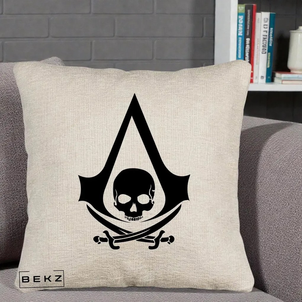 Perna Personalizata Assassin's Creed Black Flag Skull, 40x40 cm, Bej Canapea, Husa Detasabila, Perna Inclusa, BEKZ®