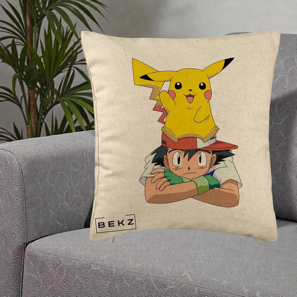 Perna Personalizata Ash si Pikachu, 40x40 cm, Bej, Husa Detasabila, Perna Inclusa, BEKZ®