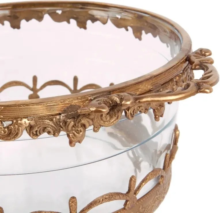 Suport lumânare din alamă și sticlă decorată manual, auriu, cu două mânere sculptate și margine ornamentată, finisaj patinat, 14 x 15 cm, „Héloïse”