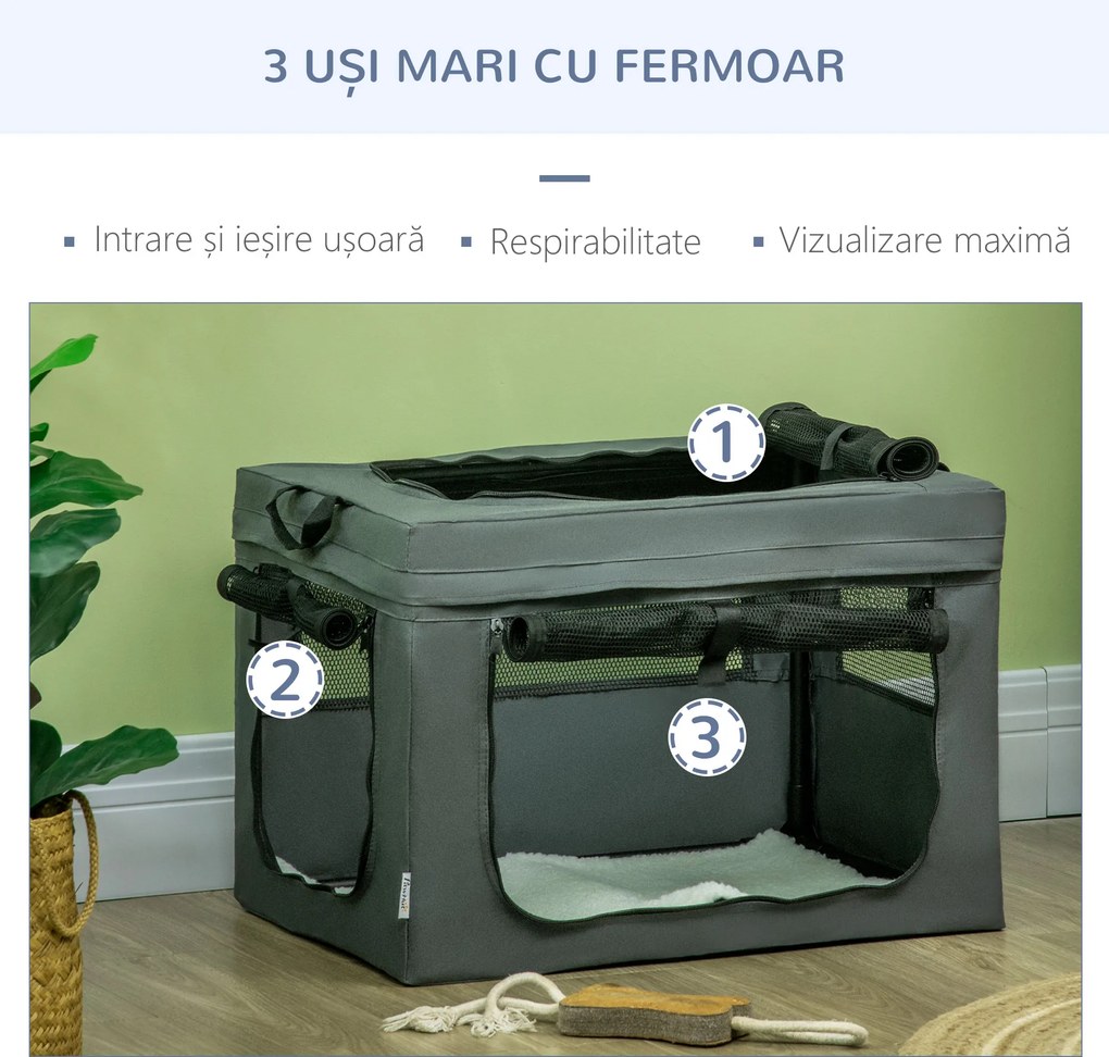 PawHut Geantă de Transport Moale pentru Câini Mini și Pisici, Cușcă de Călătorie cu Pernă Detașabilă, Geantă de Transport și Uși Din Plasă Respirabilă, 60x42x42 cm, Gri | Aosom Romania