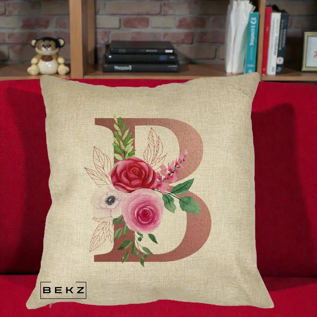 Cadou Personalizat - Perna Personalizata Monograma Rose Gold Litera B, 40x40 cm, Crem, Husa Detasabila, Perna Inclusa, BEKZ®