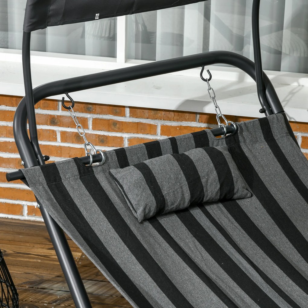 Outsunny Şezlong bain de soleil transat din oțel și poliester cu acoperiș și pernă, dim. 240L x 92l x 148H cm | Aosom Romania