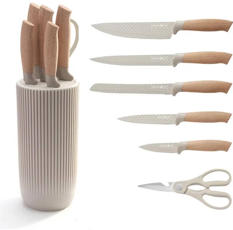 Set cutite cu suport Royalty Line DC07E, 7 piese, Foarfeca, Otel inoxidabil, Manere ergonomice, Bej
