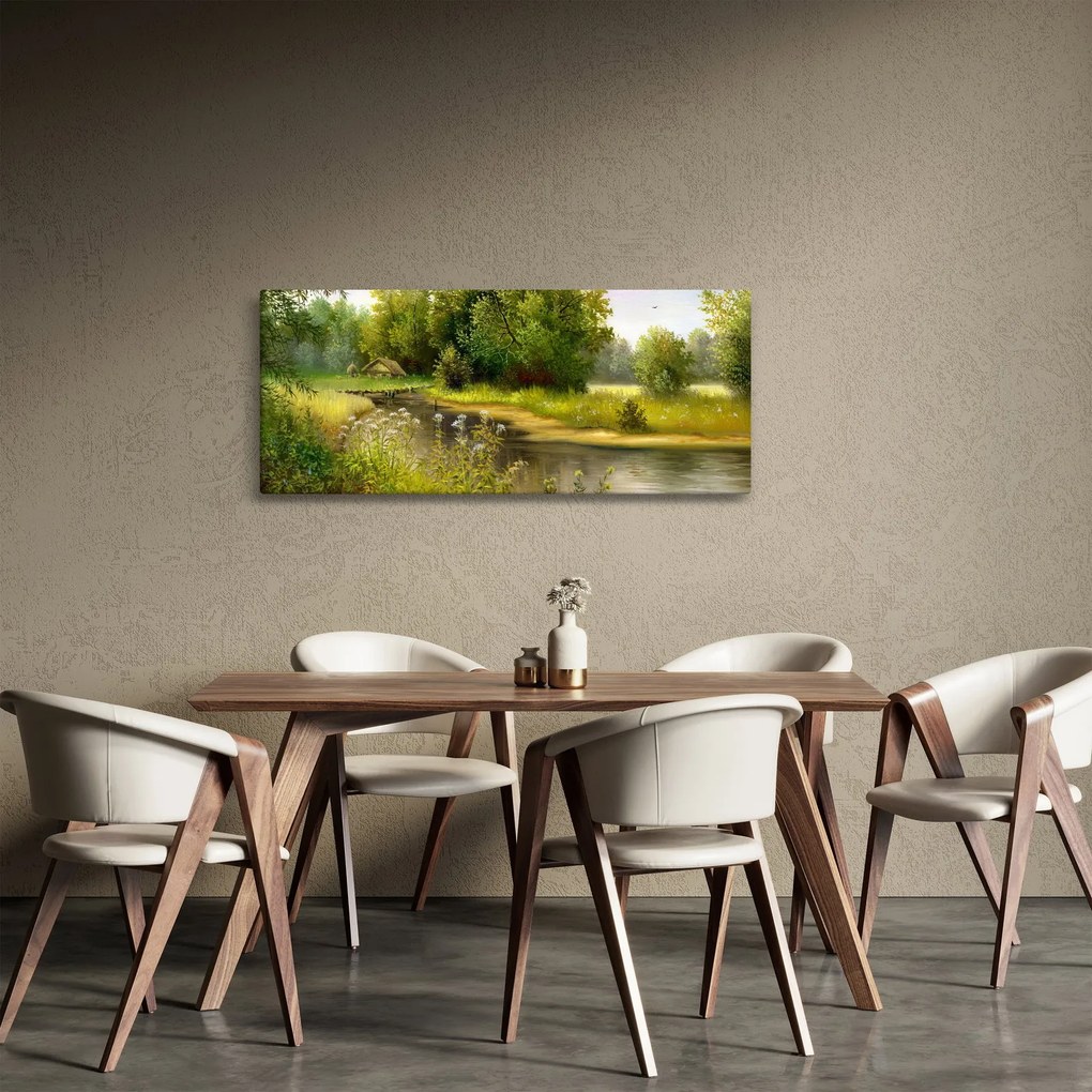Tablou - Râu lângă pădure, pictură în ulei (120x50 cm)