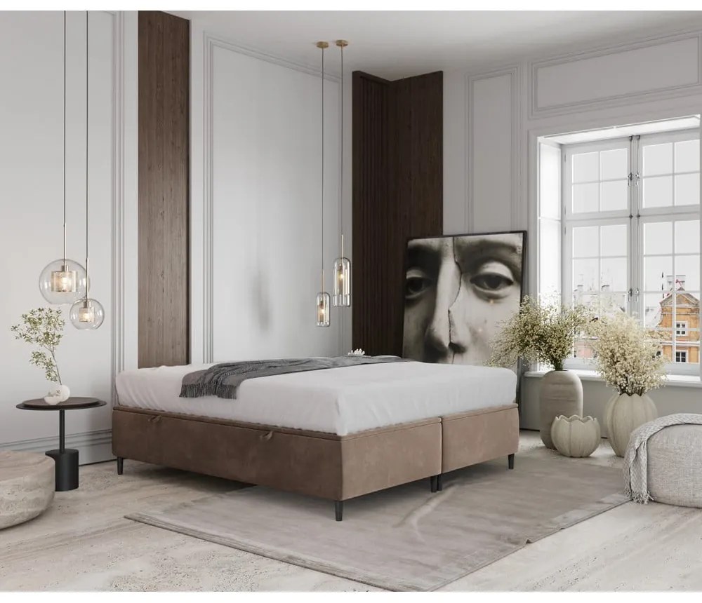 Pat matrimonial bej tapițat cu spațiu de depozitare 180x200 cm Tate – Maison de Rêve