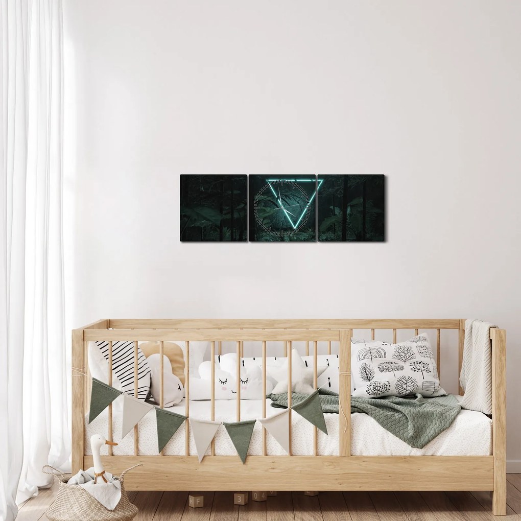 Tablou - Triunghi de neon în junglă (cu ceas) (90x30 cm)
