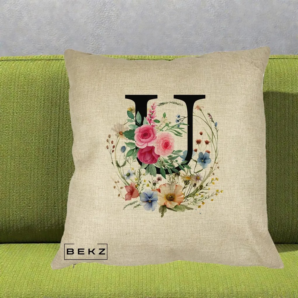 Cadou Personalizat - Perna Personalizata Monogram Litera U cu Flori Acuarela, 40x40 cm, Crem, Husa Detasabila, Perna Inclusa, BEKZ®