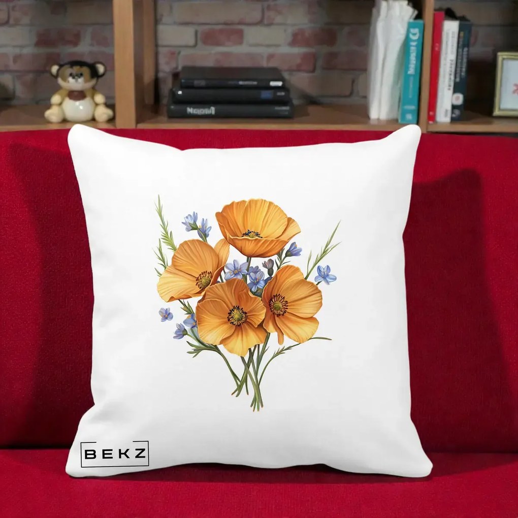 Perna Decorativa Maci Portocalii cu Floricele Albastre, 40x40 cm, Alba Mata, Husa Detasabila, Perna Inclusa, BEKZ®