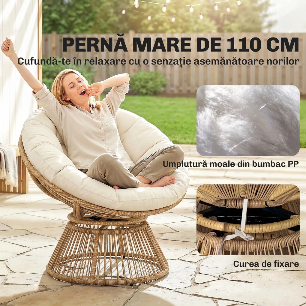 Outsunny Fotoliu Papasan Rotativ 360° Moon Chair cu Pernă pentru Interior/Exterior, Crem Alb | Aosom Romania