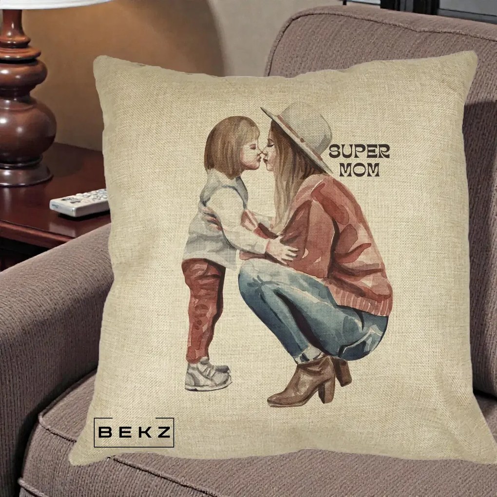 Cadou pentru Mama - Perna Personalizata Super Mom Acuarela, 40x40 cm, Crem, Husa Detasabila, Perna Inclusa, BEKZ®