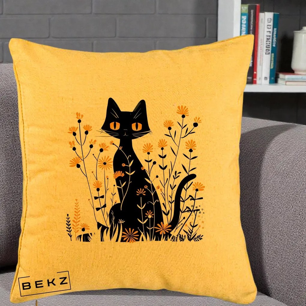 Perna Decorativa Pisica Neagra Ochi Galbeni Flori Galbene, 40x40 cm, Galben, Husa Detasabila, Perna Inclusa, BEKZ®