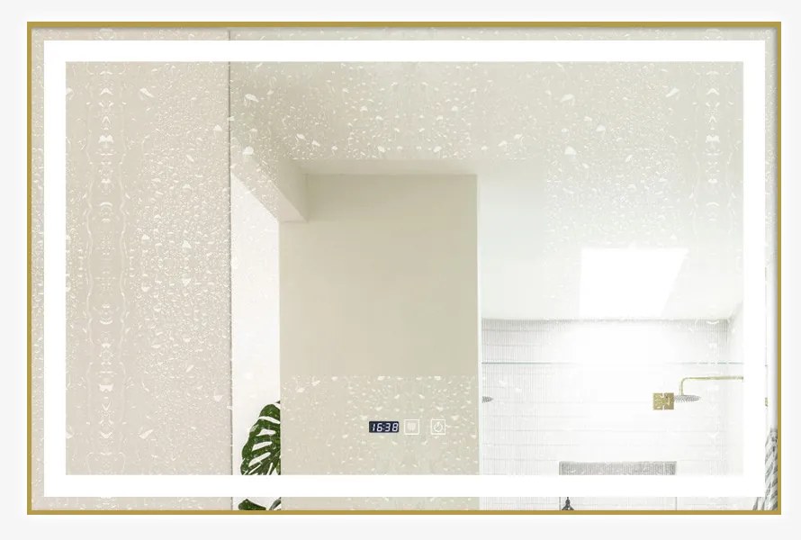 Oglindă Baie LED și Dezaburire Elit's Premium cu Senzor Touch, Lumina Rece, Caldă și Neutră, 100x80 cm, cu rama Bronz Gold Antichizat, Ceas