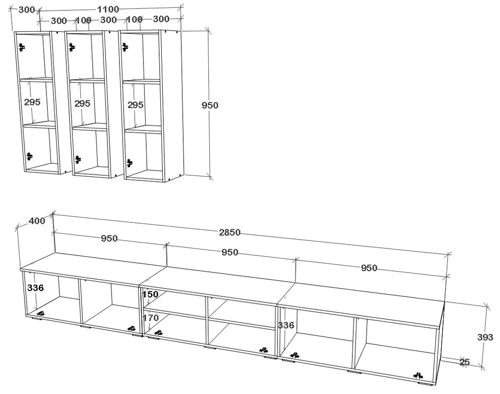 Living Kos V7, Negru/Alb Lucios, MDF, L 285 cm