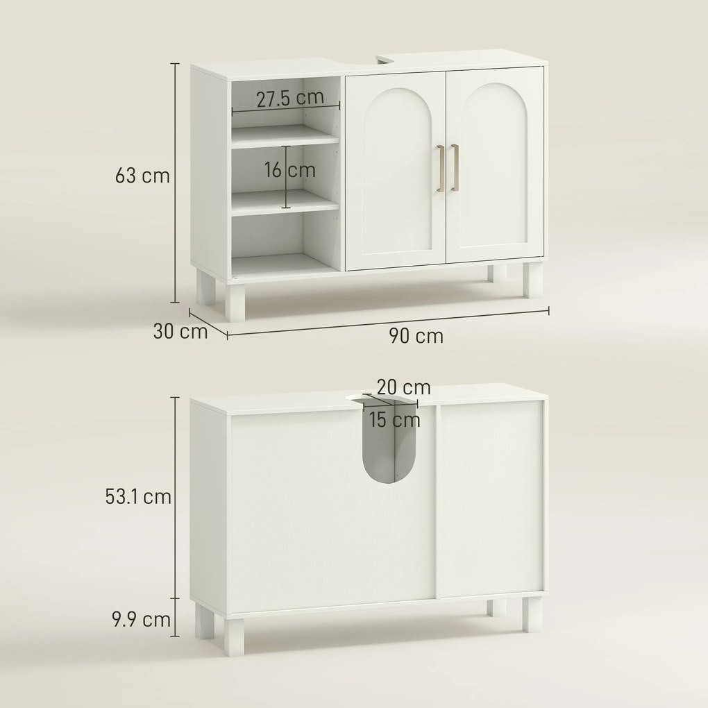 HOMCOM Dulap pentru Lavoar Baie cu 2 Uși, Rafturi Deschise, Rafturi Reglabile, pentru Lavoare fără Piedestal, 90x30x63 cm, Crem | Aosom Romania