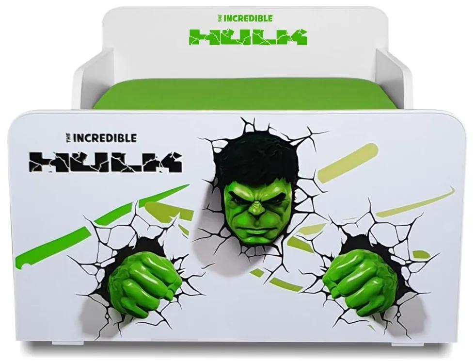 Pat copii Hulk 2-12 ani + saltea 160x80x12 cm + husa impermeabila