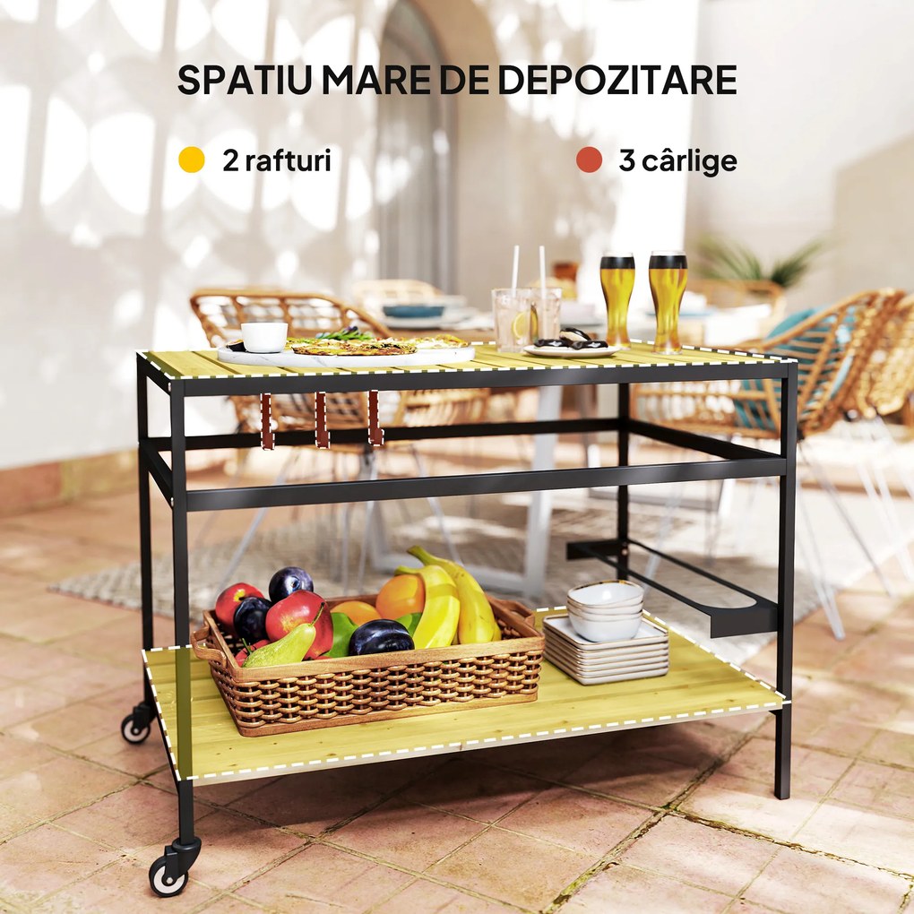 Outsunny Cărucior cu Roți din Lemn cu 2 Rafturi, 3 Cârlige, Blat cu Lamele și Mâner 107x65x80 cm Natural | Aosom Romania