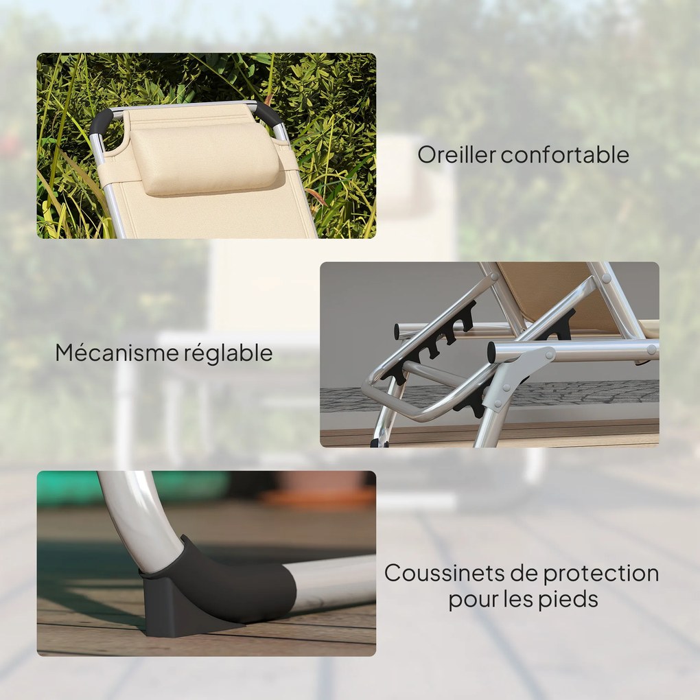 Outsunny Șezlong de plajă, chaise longue pliante cu suport pentru cap, spătar reglabil, aluminiu și textilene, bej | Aosom Romania