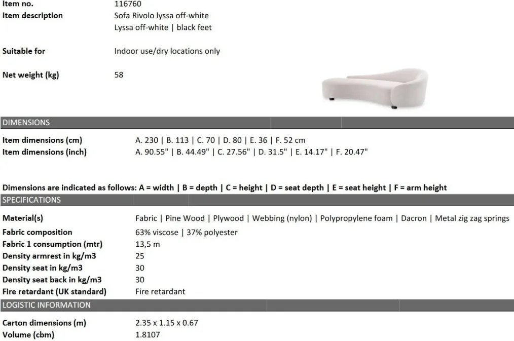 Canapea design LUX cu spatar rotunjit Rivolo, Lyssa off-white