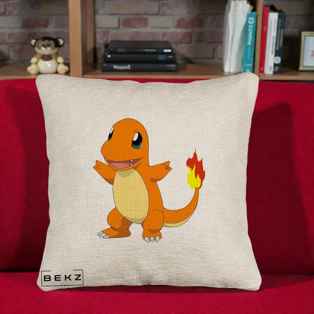 Perna Personalizata Charmander Pokemon, 40x40 cm, Bej Canapea, Husa Detasabila, Perna Inclusa, BEKZ®