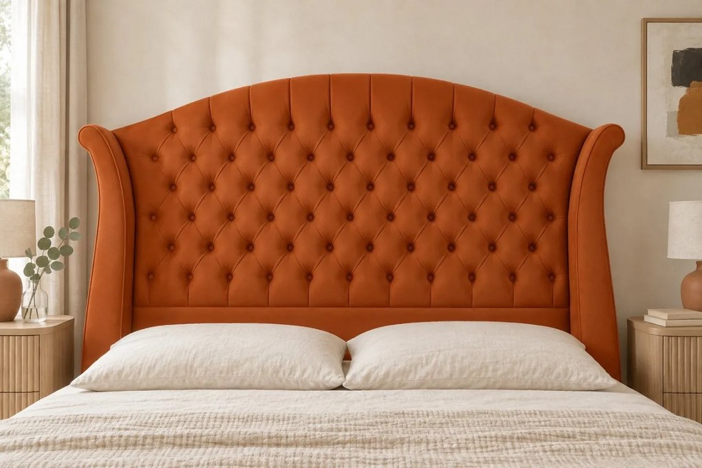 Pat tapițat Chesterfield din catifea Sorella Simple 180×200 cm, cărămiziu, cu ladă de depozitare