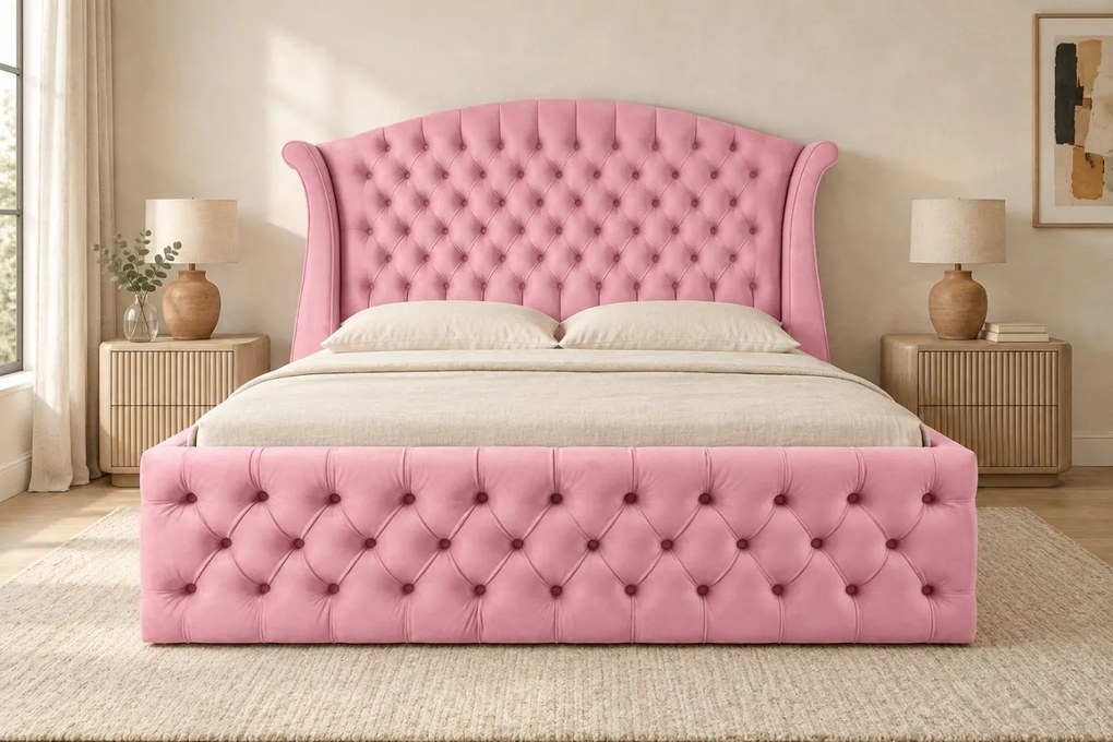 Pat tapițat Chesterfield din catifea Sorella Simple 160×200 cm, roz, cu ladă de depozitare