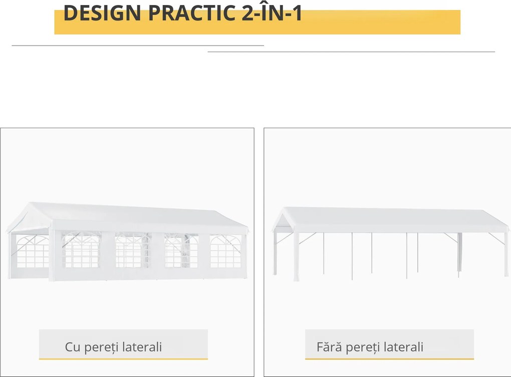 Outsunny Pavilion pentru Evenimente în Aer Liber, Cort Impermeabil pentru Petreceri și Căsătorii, Cadru din Oțel, Alb, 8x4x2.8m | Aosom Romania