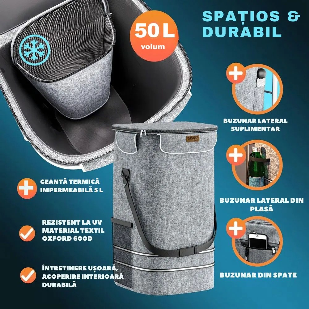 Geantă de cumpărături pe roți pentru scări COMFORT, 50L, gri Jurhan