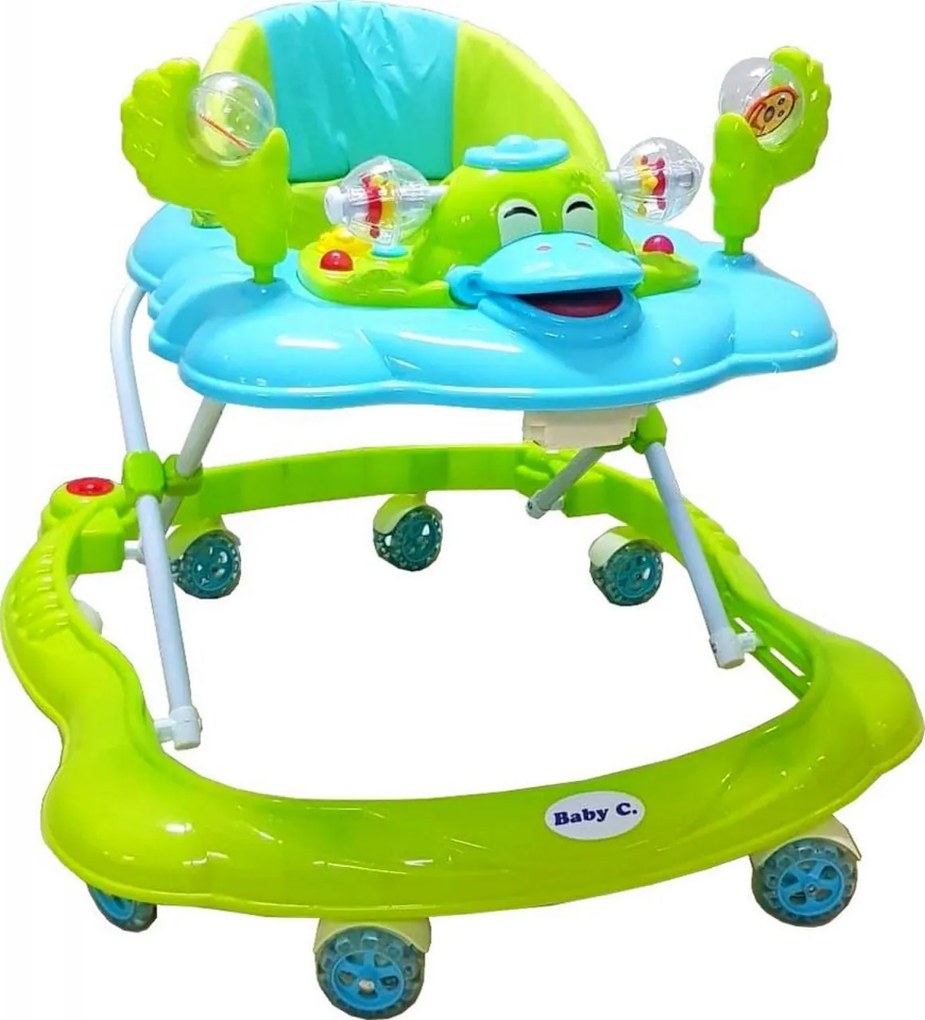 Premergator reglabil in 3 trepte NOVOKIDS™ Baby C, cu melodii, roti silentioase din silicon, Ratusca, Pliabil, Verde Turquoise