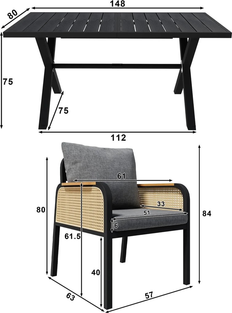 Set modern de masă pentru grădină și terasă, 6 piese, cu cadru din fier în formă de cruce, Negru+Culoare naturală