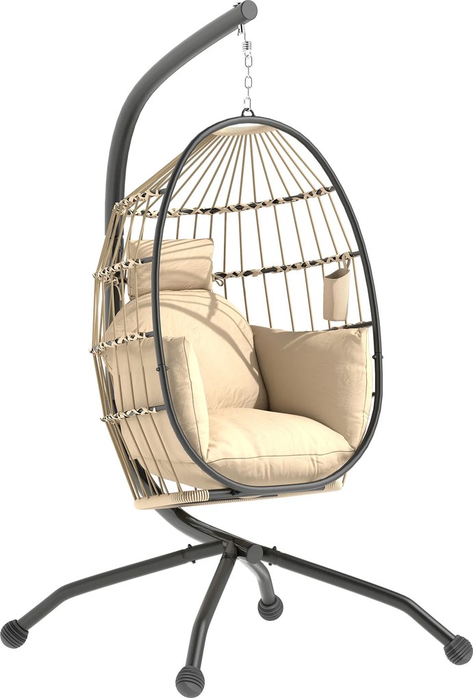 Outsunny Fotoliu Suspendat Tip Ou cu Lanț Reglabil, 2 Perne Detașabile și Suport pentru Pahare, Scaun Balansoar Pliabil pentru Grădină, Bază în X din Oțel, pentru Interior și Exterior, 120x88x192 cm, Bej | Aosom Romania