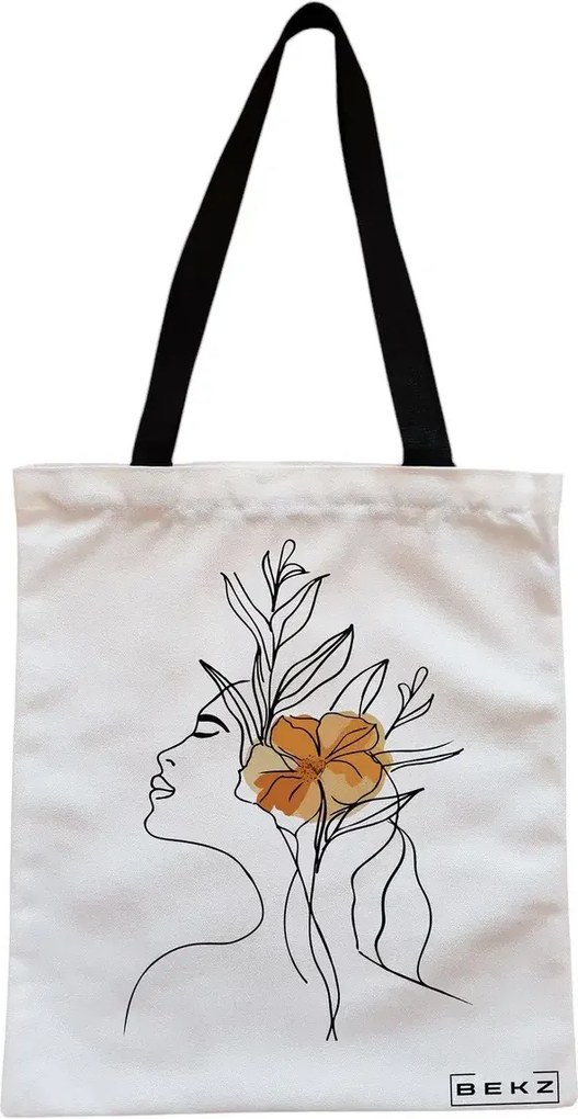 Sacosa de Panza pentru Cumparaturi, Geanta Tote, Flower Lady 9, Cu fermoar, 38x34.5 cm, Alba, BEKZ®